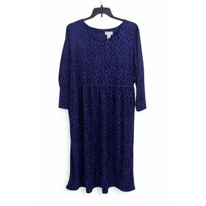 Worthington Woman Blue Purple Paisley Velvet Burnout Midi Dress Long Sleeve 24W